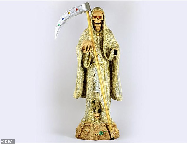 This statue of Saint Death was seized by the DEA in 2011 from two women who were transporting more than 700 grams of methamphetamine between Arizona and Minnesota. It was painted gold to symbolize economic power, success and prosperity.