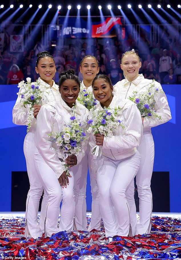 Jordan Chiles, Suni Lee, Jade Carey and Hezly Rivera complete the US gymnastics squad