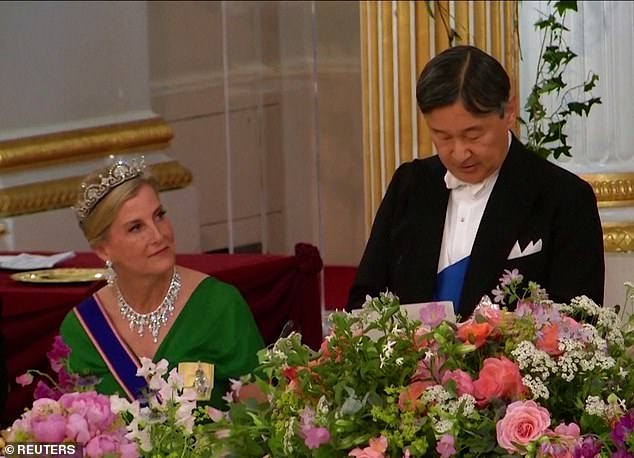 The Duchess of Edinburgh's status was recently highlighted when she was 'promoted' to the head table at the Japanese royals' state banquet last week. Above: Sophie was seated next to Emperor Naruhito of Japan