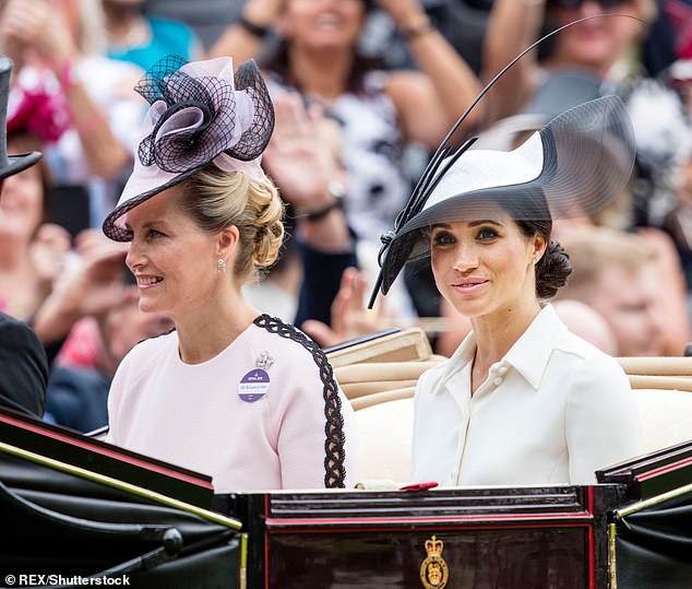 Sophie is pictured next to Meghan in a carriage at Royal Ascot in 2018