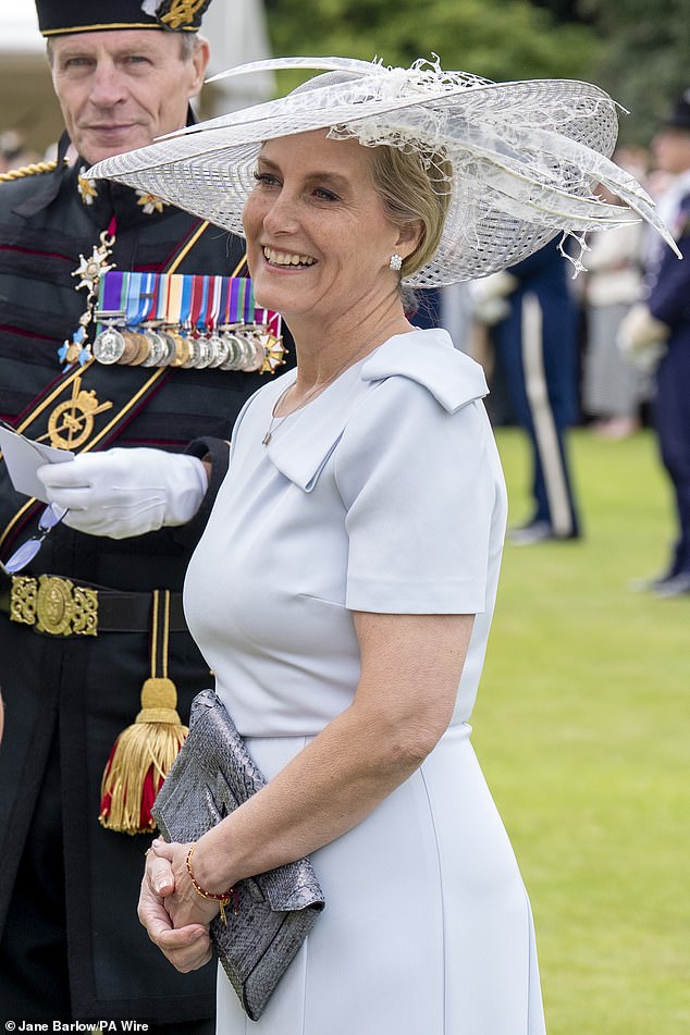 It has been claimed that Sophie (pictured at the garden party at the Palace of Holyroodhouse) was suggested as a 'mentor' to Meghan Markle to help her settle into the royal family.