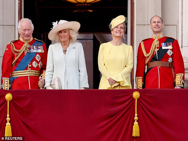 Sophie and Edward are pictured with King Charles and Queen Camilla on the balcony of Buckingham Palace for Trooping the Colour last month