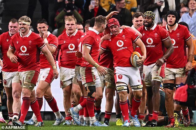 Wales thought they had levelled the score in the second half, but James Botham's (centre) attempt was disallowed