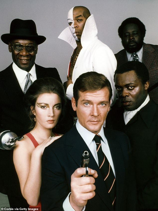 Actors Roger Moore, Yaphet Kotto, Julius W. Harris, Geoffrey Holder, Earl Jolly Brown and actress Jane Seymour, on the set of 'Live And Let Die'