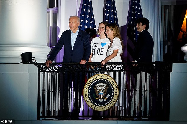 Biden with granddaughter Maisy Biden and family members watch fireworks from the Truman Balcony at the White House during the US Independence Day celebration at the White House