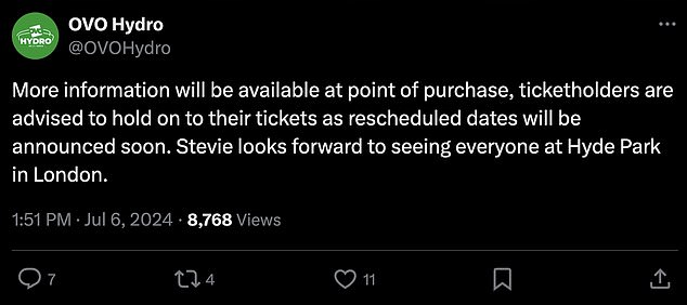 1720280558 730 Stevie Nicks 76 cancels Glasgow gig at OVO Hydro just