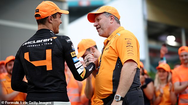 Norris's (left) boss and mentor, Zak Brown (right), had a word in the F1 driver's ear after he suffered the nose injury