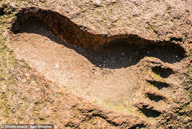 The imprint of a strangely large foot, carved into granite