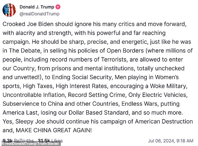 Trump, 78, listed what he called Biden's policies, which he said are destroying the United States