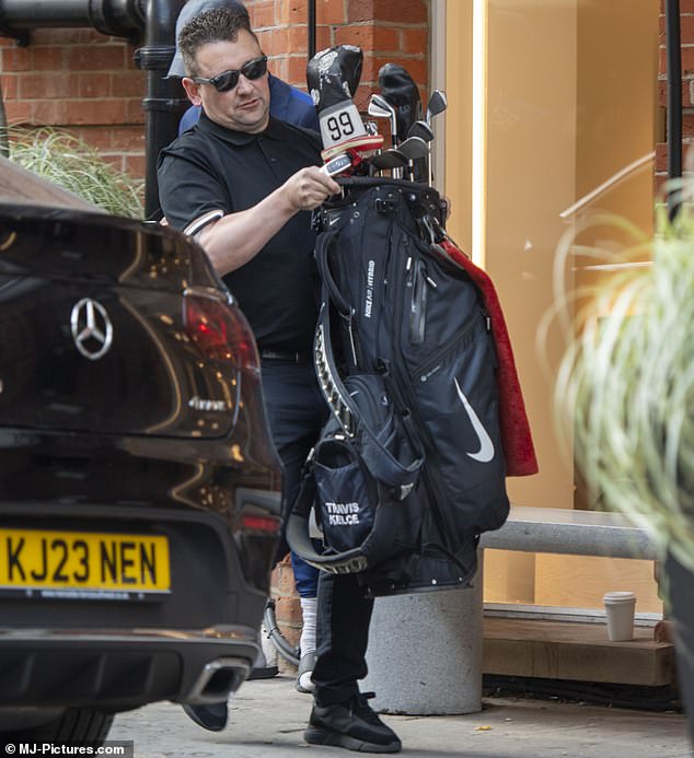 Kelce's golf cubs seen at the entrance of his London hotel. It is unclear where he and Patrick were playing