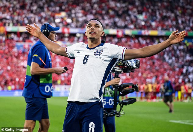 Trent Alexander-Arnold (pictured) was one of several stars to take a penalty, with the Liverpool star scoring the decisive spot-kick