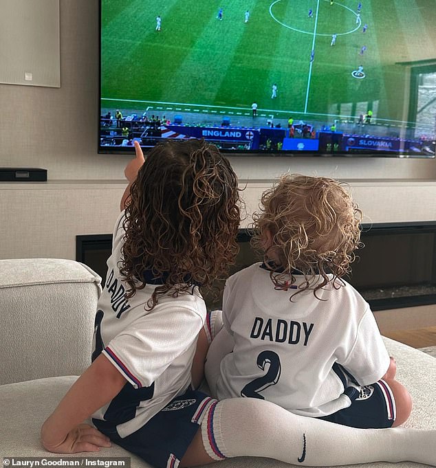 Player Kyle Walker's ex-mistress has been sharing content on social media about the competition and ahead of their match against Switzerland she posted a picture of their two children wearing 'Daddy' England shirts