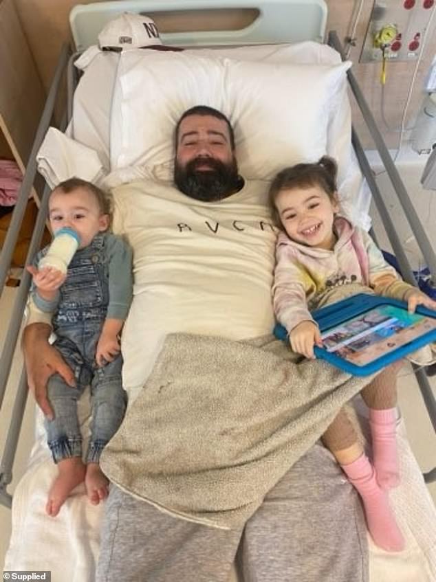 Lylah is pictured on the right with her father and younger brother after a round of chemotherapy