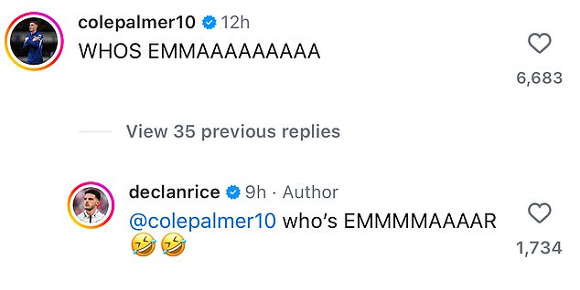 And among the hordes of fans congratulating him, Palmer wrote: 'WHO IS EMMAAAAAAAAA' while Rice replied: 'who is EMMMMAAAR'