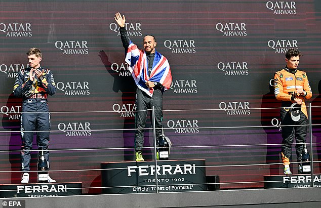 Verstappen (left) and Hamilton (centre) were joined on the podium by Lando Norris (right)