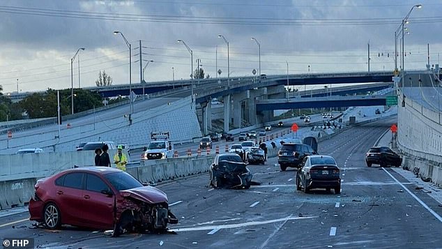 Pictured: The aftermath of a six-car pileup that occurred on the southbound side of I-95 through Fort Lauderdale in February 2024