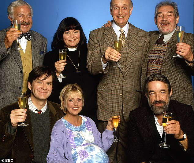 The cast of the Vicar of Dibley, pictured left to right: John Bluthal, James Fleet, Dawn French, Emma Chambers, Gary Waldhorn, Roger Lloyd Pack and Trevor Peacock