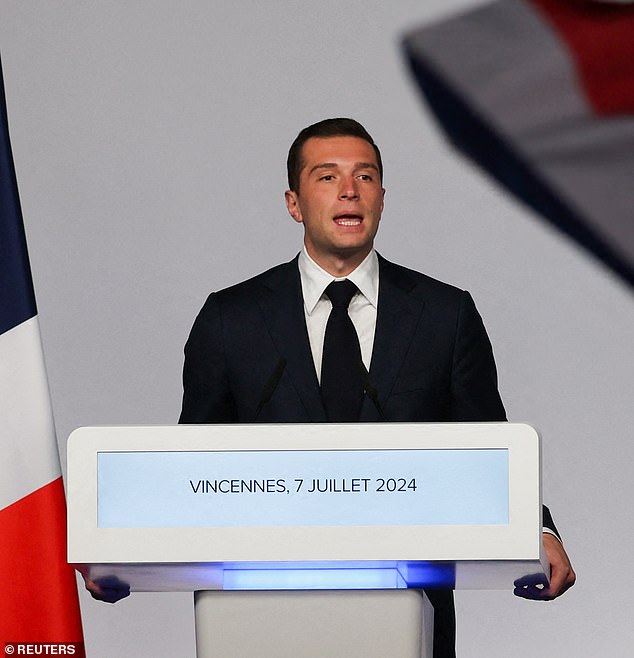 Jordan Bardella, president of the far-right French party Rassemblement National (RN), gives a speech on stage after the partial results in the second round of the French snap parliamentary elections in Paris, France, July 7, 2024