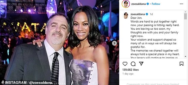 Avatar star Zoe Saldaña, 46, took to Instagram on Saturday following news of the producer's death