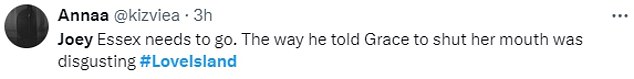 In X, formerly Twitter, viewers wrote: 'Joey tells Sam to shut up... that's a boy talking to a woman like that. It's very disrespectful,'