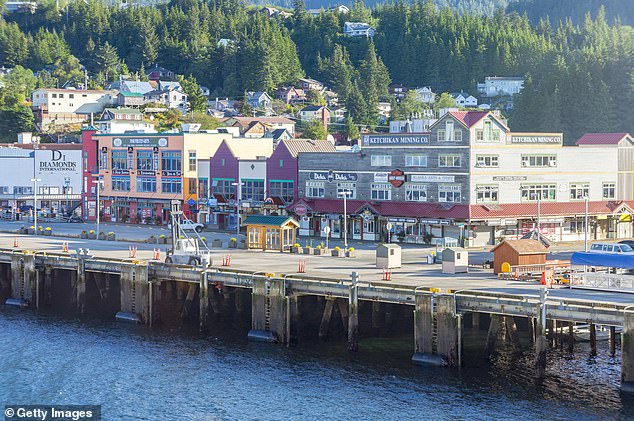 Close-up of downtown Juneau. A Harley Davidson store is visible