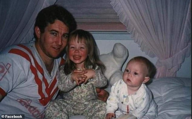 A photo of Becci Ode (center), her sister Jordyn as children with their father Kevin, posted to Facebook after he tragically committed suicide in 2022, with Jordyn asking a friend to donate to the Black Dog Institute