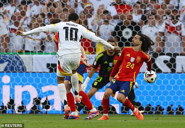 The ball hit Cucurella's hand after a shot from German midfielder Jamal Musiala (left)