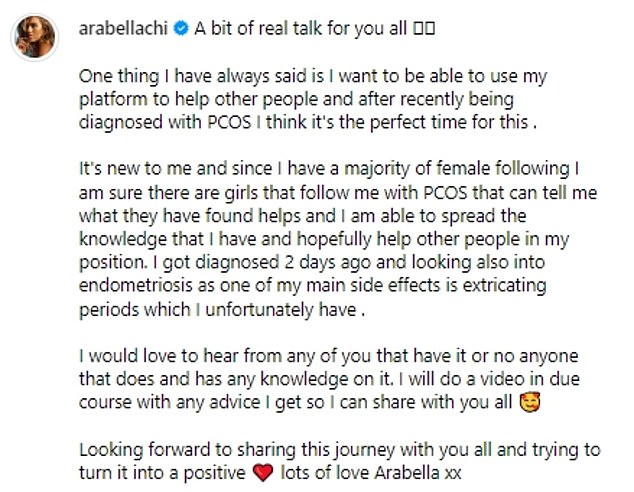 Arabella started by saying that she wanted to use her massive platform of 1.3 million Instagram followers to talk about things that concern her as she announced her diagnosis