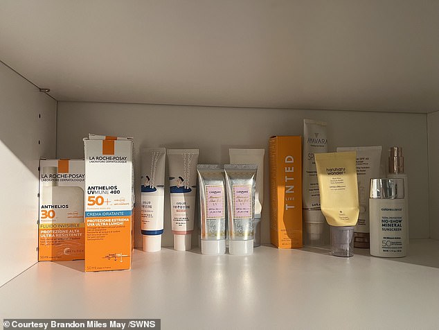 Pictured: Brandon's extensive collection of sunscreen. He said one of the reasons he looks so young is because he protects himself so well from the sun.