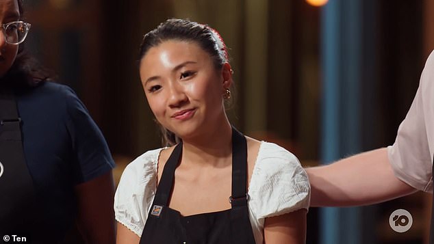 Nat, who won the final immunity guarantee in the competition, watched on as the contestants were tasked with creating a dish using an extreme ingredient, but ultimately Mimi (pictured) was sent home after failing to impress the judges.