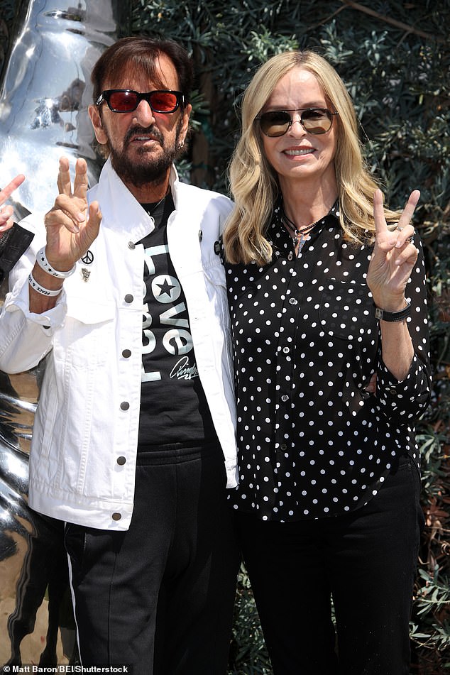 The Beatles star threw his famous peace gesture as he celebrated his milestone birthday with his family and friends, with musical tributes