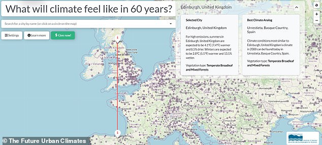 To use the map, simply select the city you want to know more about to learn more about its predicted future climate.