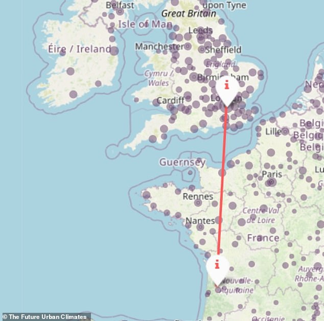 This map shows that by the year 2080, London will have a climate similar to that of Labarde, France