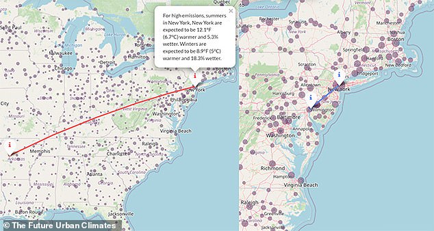 The map also shows how the climate would change if emissions were reduced. You can see how different the change is between the high emissions scenario (right) and the low emissions scenario (left)