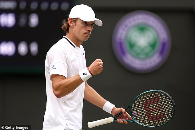 De Minaur (pictured) defeated his opponent 3-1 to reach the quarter-finals of Wimbledon for the first time in his career