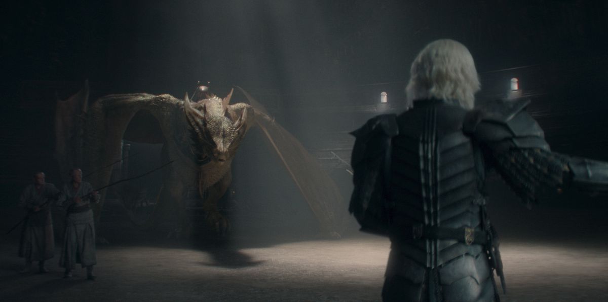 Aegon approaches Sunfyre who is chained in the basement of King's Landing in House of the Dragon season 2, episode 4