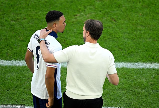 Southgate made his substitutions a little earlier on Saturday, including bringing on Liverpool star Trent Alexander-Arnold (left) in the 25th minute of extra time for a penalty shootout