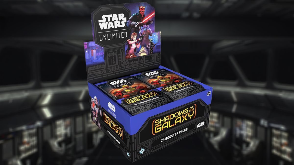 A stock photo of a Shadows of the Galaxy Booster Box for Star Wars Unlimited