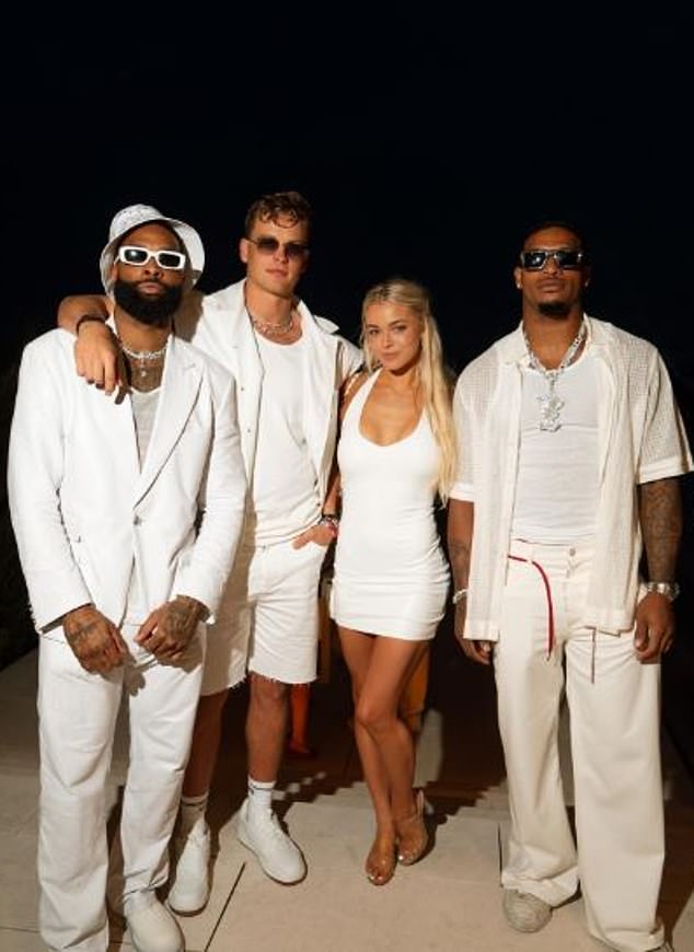 The gymnast attended Michael Rubin's Fourth of July party, along with Odell Beckham Jr., Joe Burrow and Ja'Marr Chase (left to right)