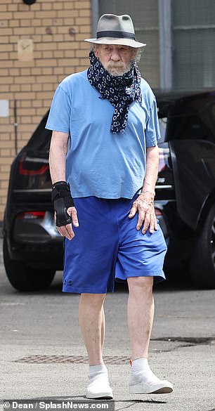 Sir Ian kept a low profile in casual blue shorts and a T-shirt with a hat pulled over his famous face