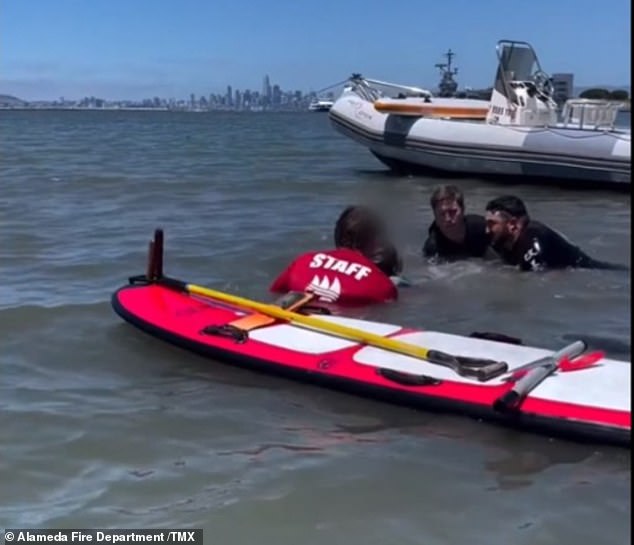 It happened on June 26 at the Encinal Boat Ramp in Alameda. The clip shows the young man almost completely submerged when emergency services arrived.