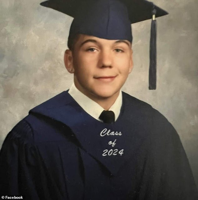 The boy was able to graduate a few weeks later, posing seemingly unfazed for a photo