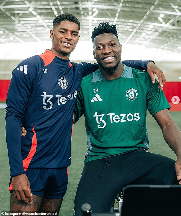 Rashford posed for a photo with goalkeeper Andre Onana before the players headed to the gym