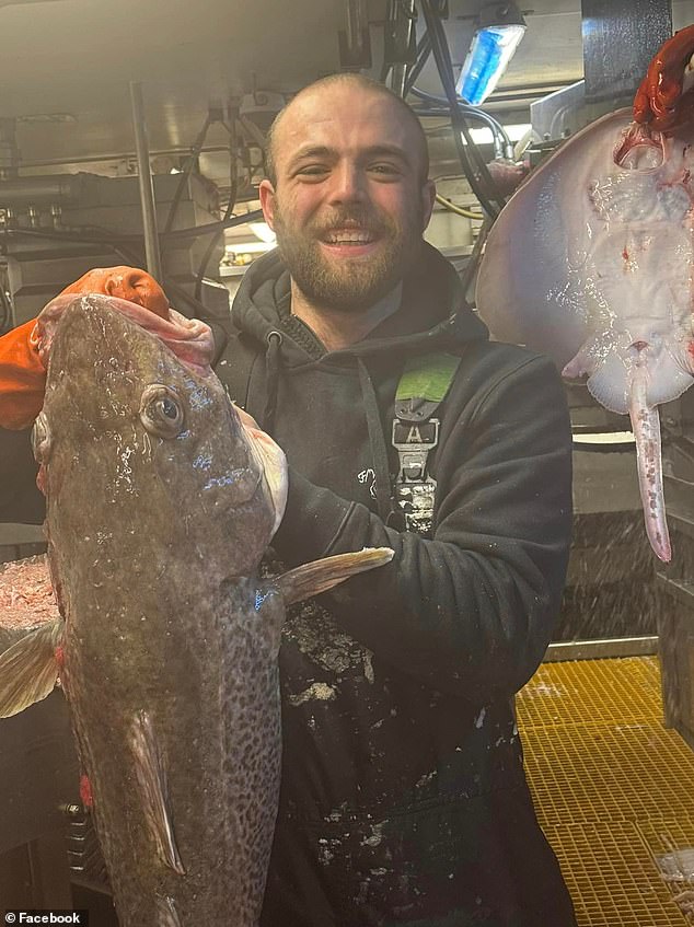 Corwin - pictured here with a sea bass in his hand - worked on one of the three fishing vessels, the F/V Alaskan Leader, F/V Bristol Leader and the F/V Bering Leader