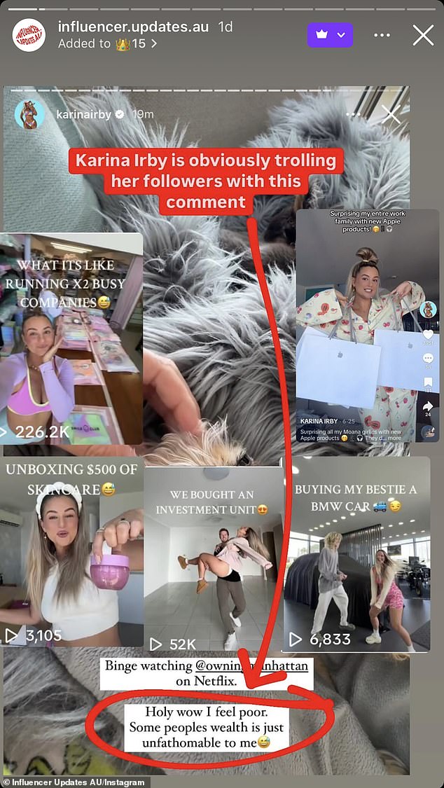 The 34-year-old shared her grievances over Netflix's Owning Manhattan on her Instagram Story. The post was picked up by influencer watchdog account @influencer.updates.au, which pointed out several of Karina's Instagram Reels showcasing her wealth