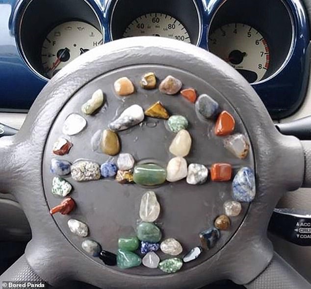 One person 'decorated' the steering wheel of his car with colorful stones, but he didn't think about what would happen if the airbag went off