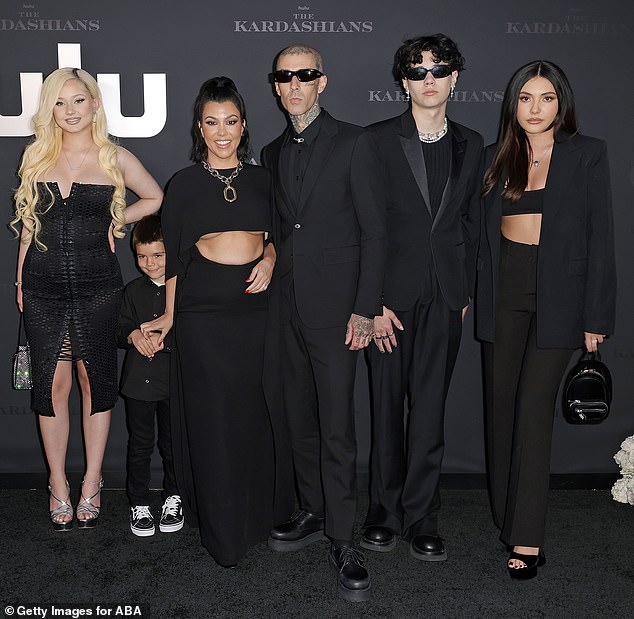 The couple are the parents of a blended family of seven, including Alabama Barker, 25, Reign Disick, eight, Landon Barker, 20, and Atiana De La Hoya, 25, pictured in April 2022.