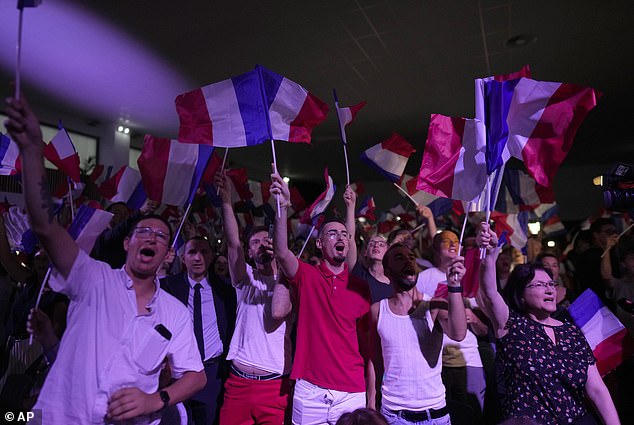 Supporters of Marine Le Pen react after the publication of projections based on the actual vote count in selected constituencies, Sunday, June 30, 2024, in northern France. French voters propelled the far-right Rassemblement National to a strong lead in the first round of parliamentary elections on Sunday, plunging the country into political uncertainty, according to pollsters.