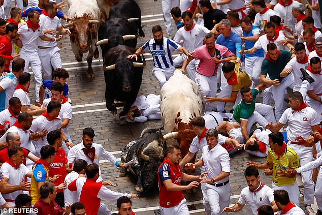 'Mozos', or runners, are chased by a group of bulls from the Herederos de Victoriano del Rio ranch as they run together through the streets during the third 'encierro', or running of the bulls, of the San Fermin festival in Pamplona, ​​northern Spain, on Tuesday