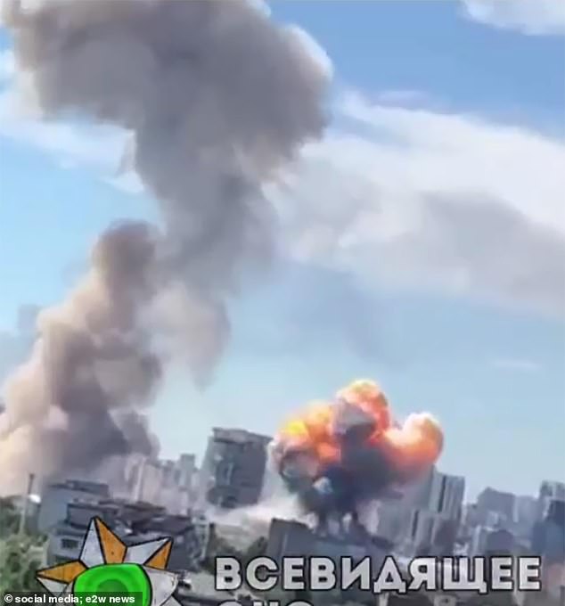 Today a huge fireball can be seen rising over Kiev, next to another plume of smoke